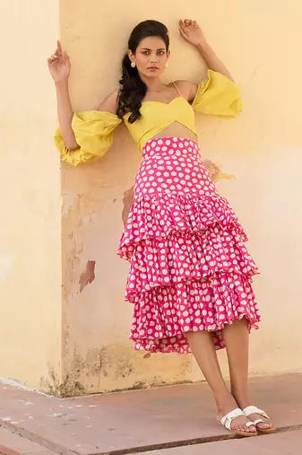 Lime Yellow Off Shoulder Top With Retro Pink Polka Dots Layered  Skirt