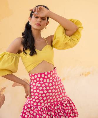 Lime Yellow Off Shoulder Top With Retro Pink Polka Dots Layered  Skirt 6