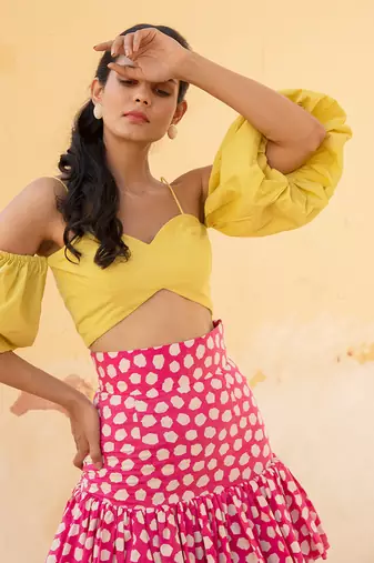 Lime Yellow Off Shoulder Top With Retro Pink Polka Dots Layered  Skirt
