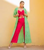 Green Leheriya Jacket With Front Tie Up Top And Pant Set