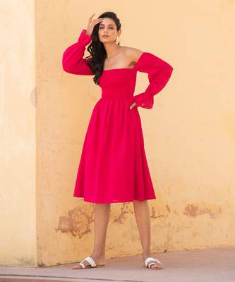 Hot Pink Off Shoulder Smoke Dress 1