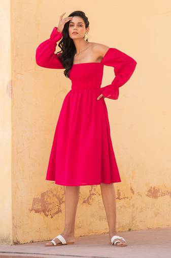 Hot Pink Off Shoulder Smoke Dress