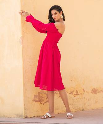 Hot Pink Off Shoulder Smoke Dress 3