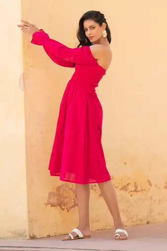Hot Pink Off Shoulder Smoke Dress