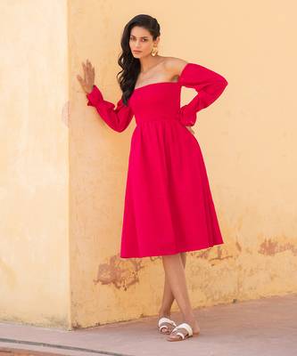 Hot Pink Off Shoulder Smoke Dress 4