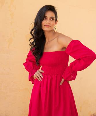 Hot Pink Off Shoulder Smoke Dress 5