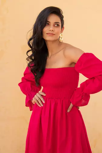 Hot Pink Off Shoulder Smoke Dress