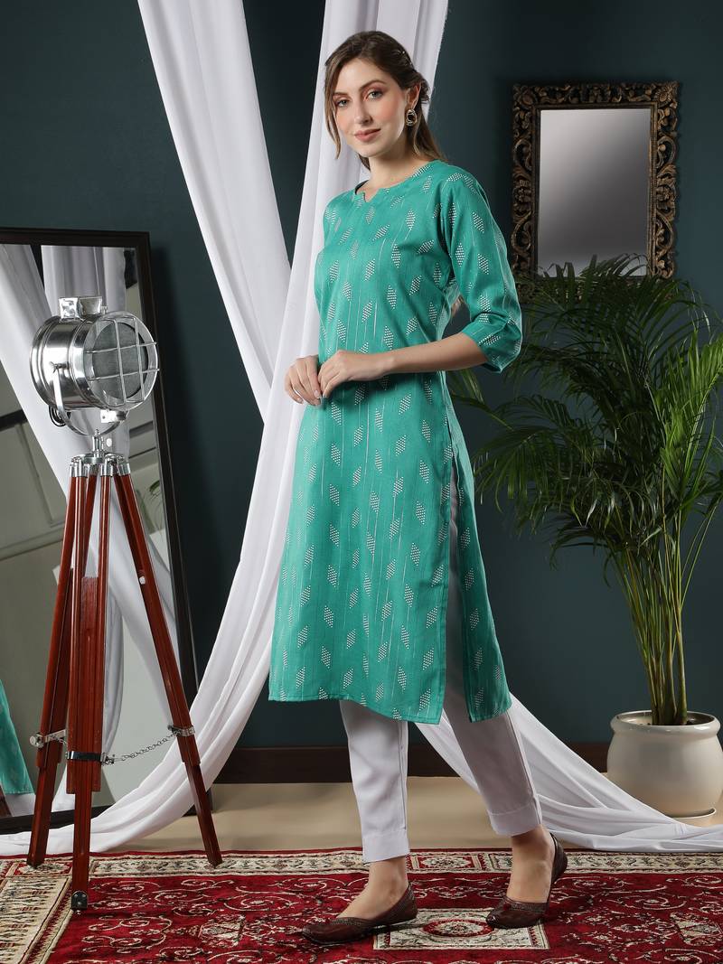 Turquoise printed cotton kurtas-and-kurtis