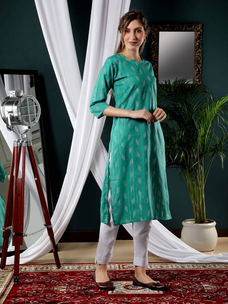 Turquoise printed cotton kurtas-and-kurtis