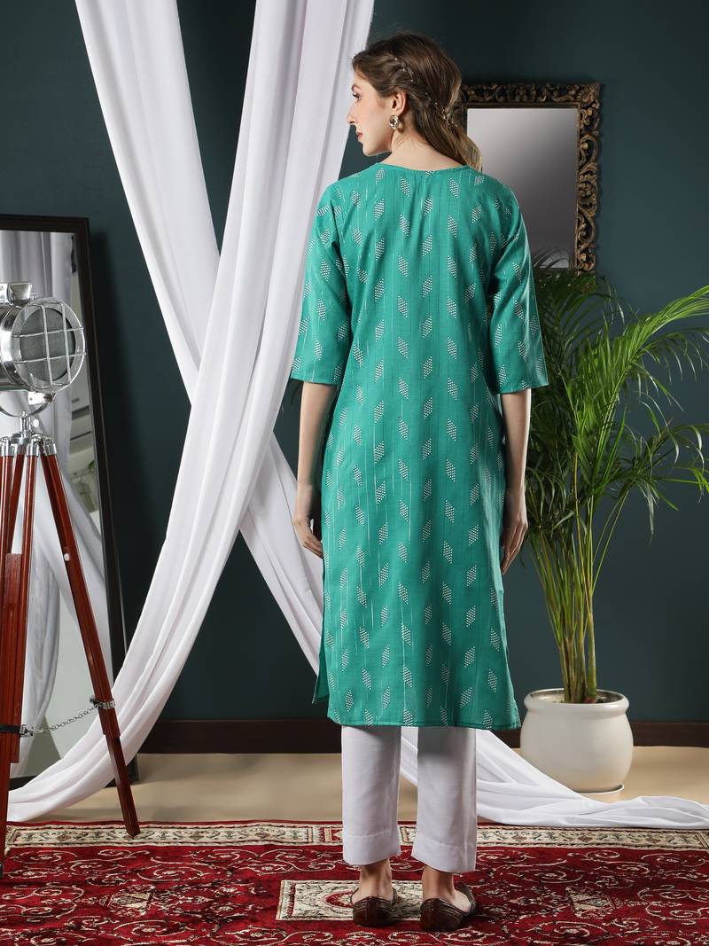 Turquoise printed cotton kurtas-and-kurtis