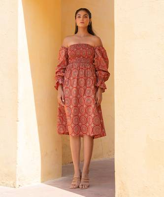 Burnt Orange Ajrak Print Off- Shoulder Smoke Dress 1