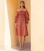 Burnt Orange Ajrak Print Off- Shoulder Smoke Dress