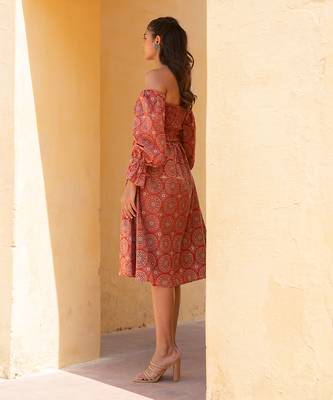 Burnt Orange Ajrak Print Off- Shoulder Smoke Dress 2
