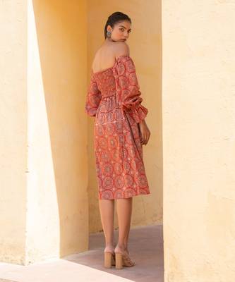 Burnt Orange Ajrak Print Off- Shoulder Smoke Dress 3