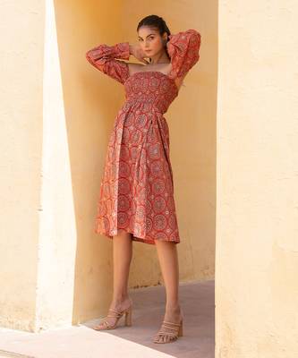 Burnt Orange Ajrak Print Off- Shoulder Smoke Dress 4