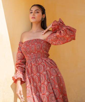 Burnt Orange Ajrak Print Off- Shoulder Smoke Dress 5