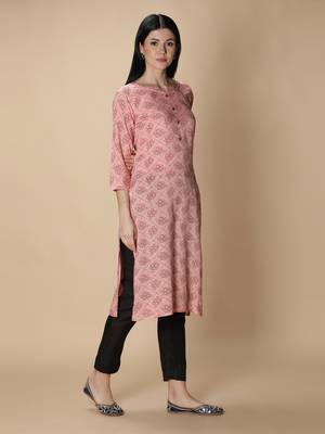 Peach printed viscose rayon kurtas-and-kurtis 3