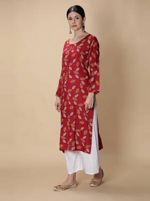 Maroon printed viscose rayon kurtas-and-kurtis 2