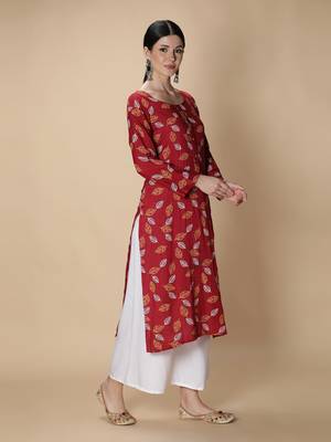 Maroon printed viscose rayon kurtas-and-kurtis 3