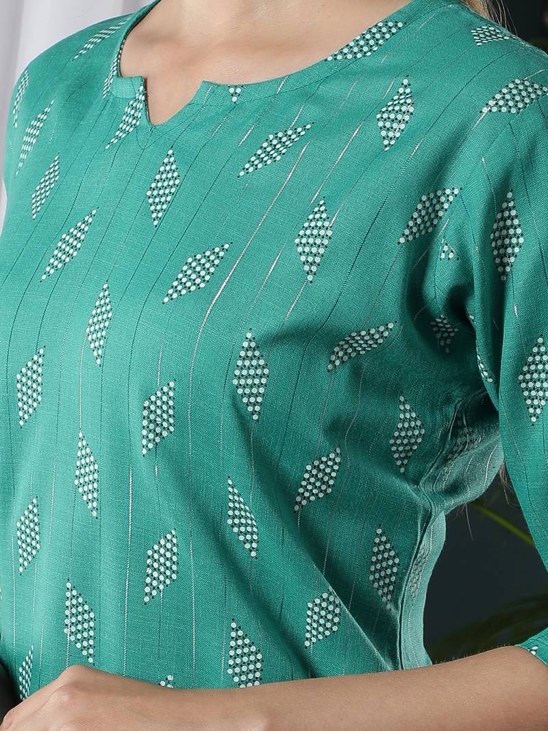 Turquoise printed cotton kurtas-and-kurtis