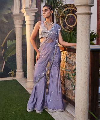 Lilac Mirror Embroidered Sharara Pant Saree Set 1