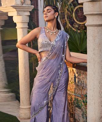 Lilac Mirror Embroidered Sharara Pant Saree Set 2