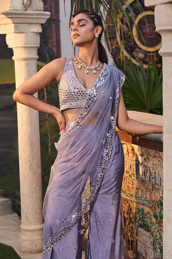 Lilac Mirror Embroidered Sharara Pant Saree Set