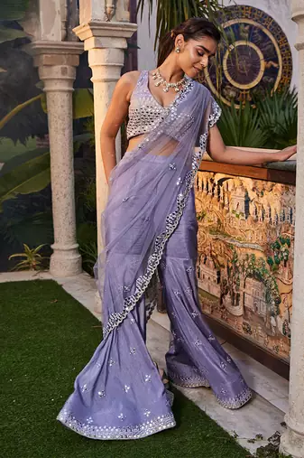 Lilac Mirror Embroidered Sharara Pant Saree Set