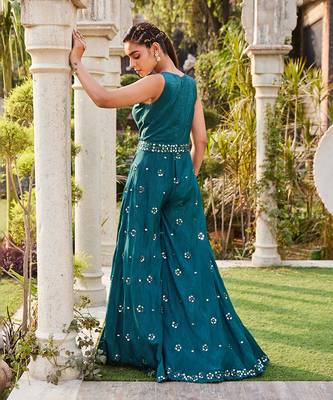 Teal Mirror Embroidered Jumpsuit With Belt 2