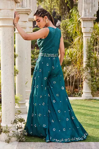 Teal Mirror Embroidered Jumpsuit With Belt