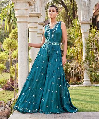 Teal Mirror Embroidered Jumpsuit With Belt 3