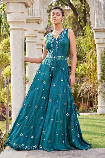 Teal Mirror Embroidered Jumpsuit With Belt