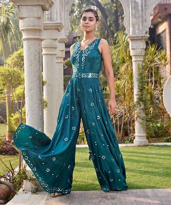 Teal Mirror Embroidered Jumpsuit With Belt 1