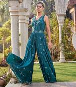 Teal Mirror Embroidered Jumpsuit With Belt