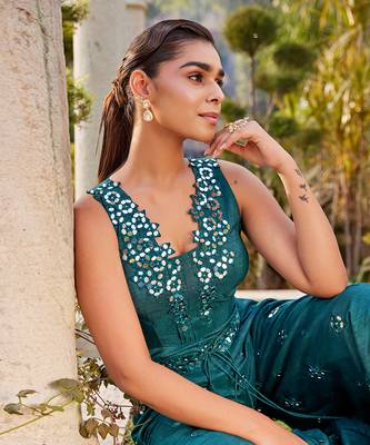 Teal Mirror Embroidered Jumpsuit With Belt 4