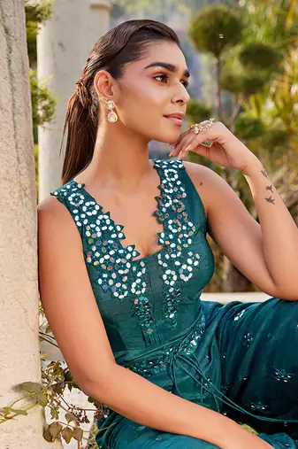 Teal Mirror Embroidered Jumpsuit With Belt