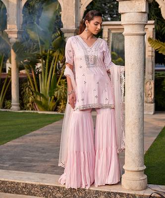 Baby Pink Mirror Embroidered Short Kurta, Sharara And Dupatta Set 1