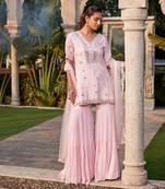 Baby Pink Mirror Embroidered Short Kurta, Sharara And Dupatta Set