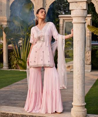 Baby Pink Mirror Embroidered Short Kurta, Sharara And Dupatta Set 2