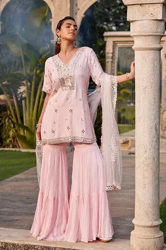 Baby Pink Mirror Embroidered Short Kurta, Sharara And Dupatta Set
