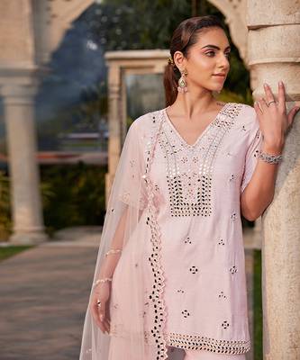 Baby Pink Mirror Embroidered Short Kurta, Sharara And Dupatta Set 3
