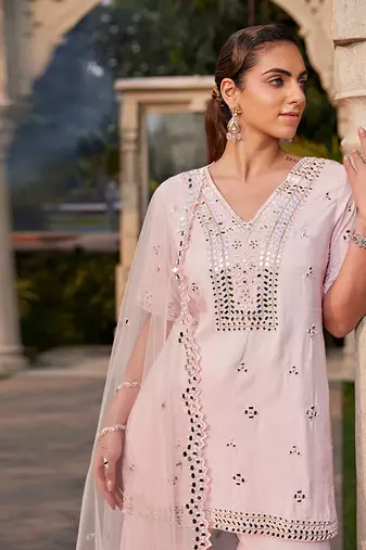 Baby Pink Mirror Embroidered Short Kurta, Sharara And Dupatta Set