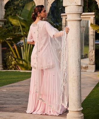Baby Pink Mirror Embroidered Short Kurta, Sharara And Dupatta Set 4