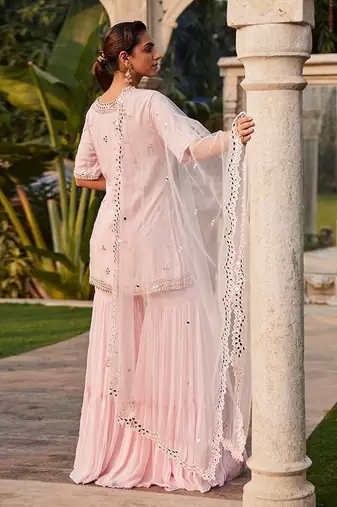 Baby Pink Mirror Embroidered Short Kurta, Sharara And Dupatta Set
