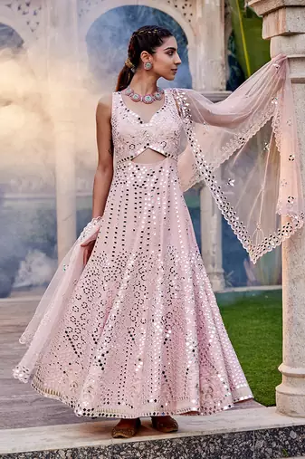 Baby Pink Mirror Embroidered Anarkali Set