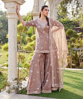 Coffee Mirror Embroidered Short Kurta, Sharara And Dupatta Set 1