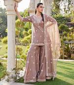 Coffee Mirror Embroidered Short Kurta, Sharara And Dupatta Set
