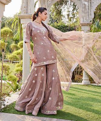 Coffee Mirror Embroidered Short Kurta, Sharara And Dupatta Set 2