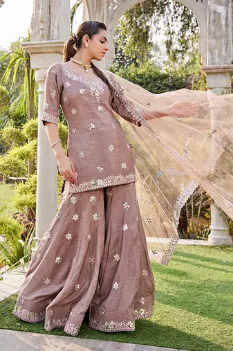 Coffee Mirror Embroidered Short Kurta, Sharara And Dupatta Set