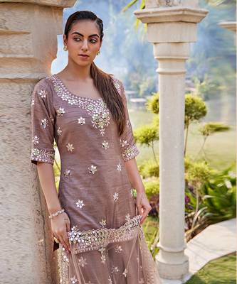Coffee Mirror Embroidered Short Kurta, Sharara And Dupatta Set 3